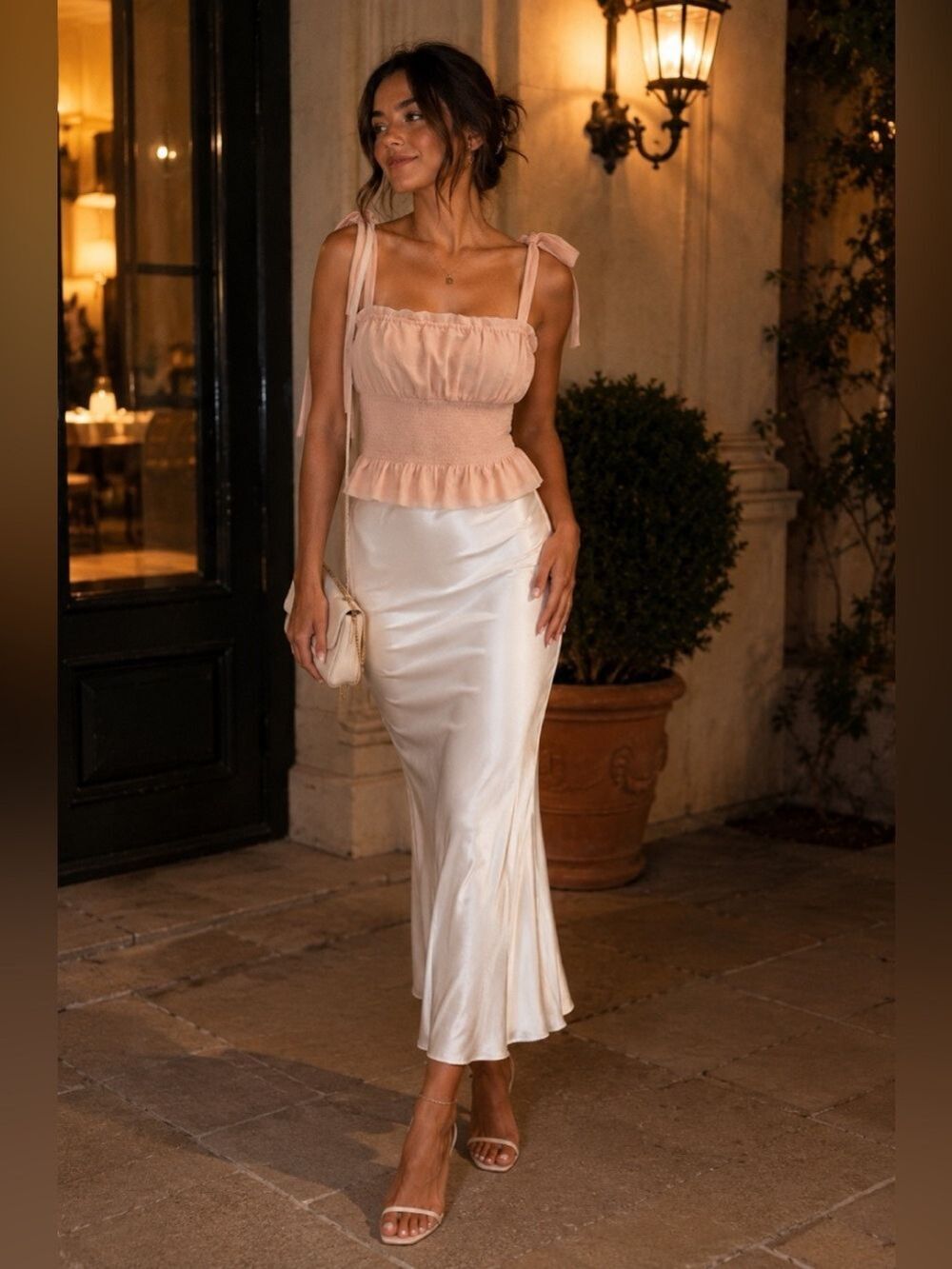 Aritzia Wilfred Blush Pink Smocked Tie-Shoulder Peplum Top Romantic Sz M